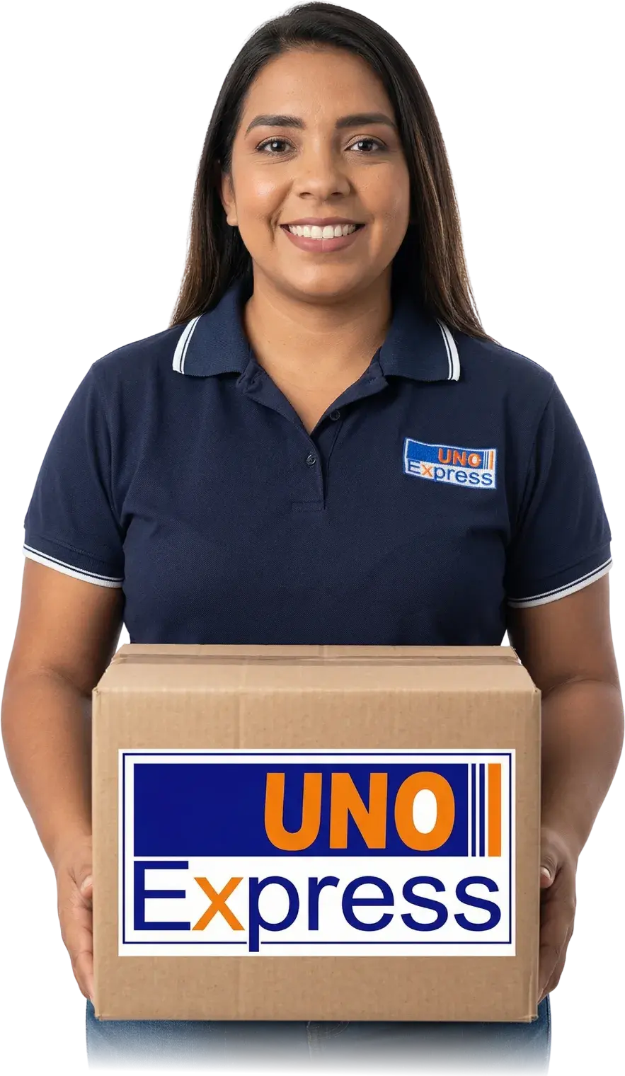 Colaboradora de Uno Express sosteniendo una encomienda